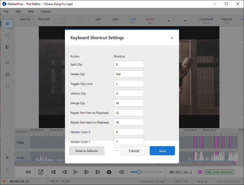 MarkerFlow shortcut settings
