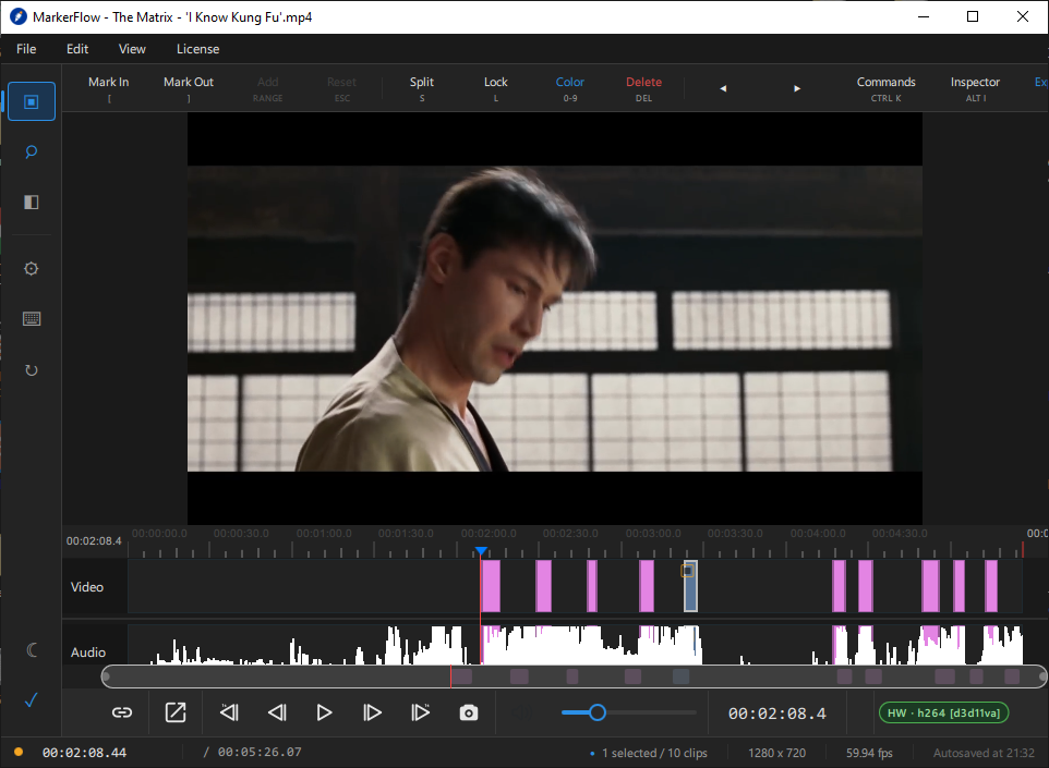 MarkerFlow timeline showing multiple color-coded marked clips
